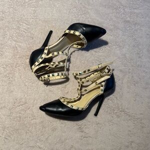 Chic Black and Cream Studded Heels